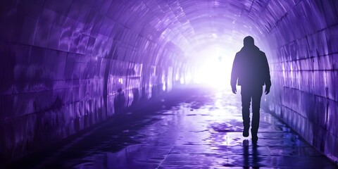 Emerging from the Darkness: Man Walking towards Bright Light. Concept Life Transformation, Hopeful Journey, Overcoming Adversity, Finding Light, New Beginnings