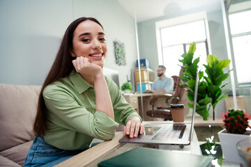 Photo of positive good mood employers dressed shirts typing emails modern gadget indoors workshop...