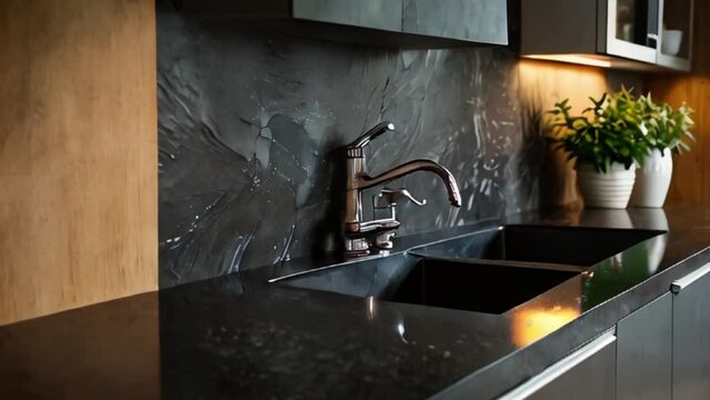 Modern Kitchen Sink with Black Granite Countertop, Dark Wooden Cabinets, and Antique-Style Faucet