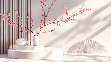 3d render, abstract minimal scene with podiums and cherry blossom flowers ,Ceramic vase with blooming sakura branches on table ,podium product stand or display with flowers, blur background and cinema