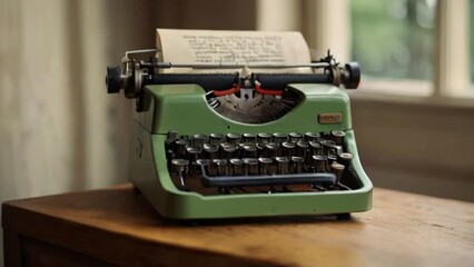 Vintage Green Typewriter with Paper Roll on Wooden Table