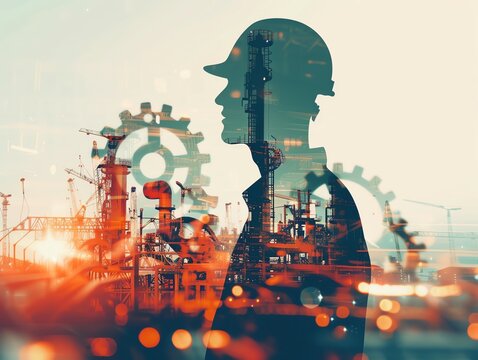 Engineer in factory, machinery background, copy space, sleek colors, Double exposure silhouette with gears and cogs