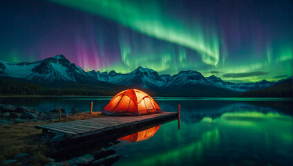 A glowing tent by a calm tranquil lake with the beautiful northern lights dancing in the sky