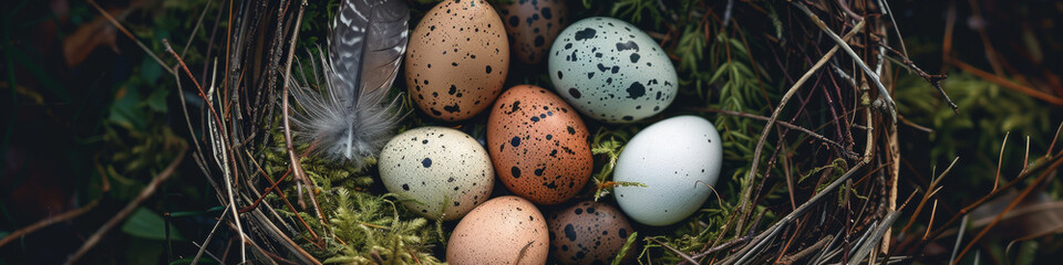Obraz premium Colorful Bird Eggs in Nest with Feather Among Greenery Nature and Wildlife