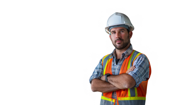 Site manager, wearing a white helmet and vest