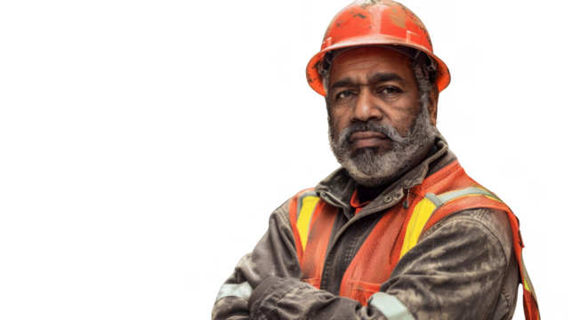 Construction worker, wearing an orange helmet and vest