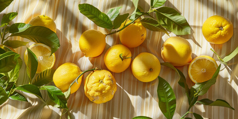 Fresh Lemons on Striped Fabric with Green Leaves in Sunlight
