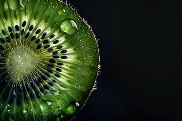 Close Up of Fresh Kiwi Slice with Water Droplets on Dark Background