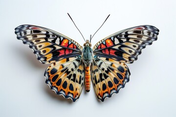 A butterfly with red and orange wings is sitting on a white background