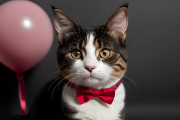Cute cat with bow-tie and air balloons on white background. USA holiday concept.