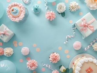 Top view of a baby shower table with decorations, gifts, and a cake, space on the side for custom text