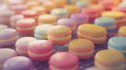 Artisanal French macarons arranged in a close focus on texture Editorial, Pastel palette