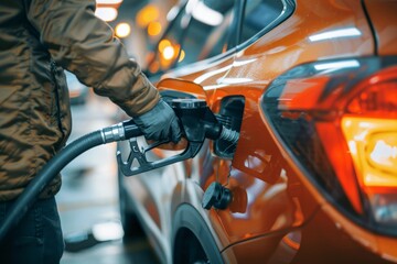 Man refuels car with various parts at gas station