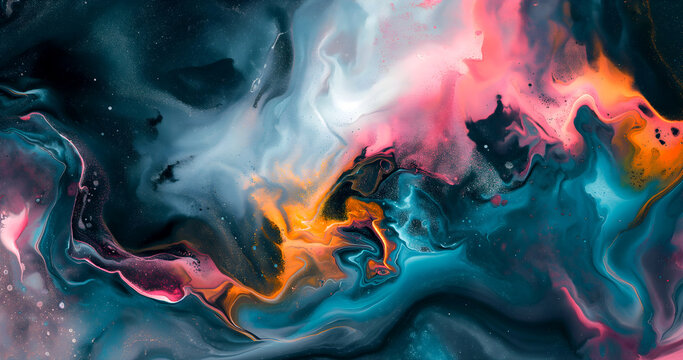 abstract art surreal acrylic water paint texture background with liquid curve wavy lines forms in blue red white yellow mix color	