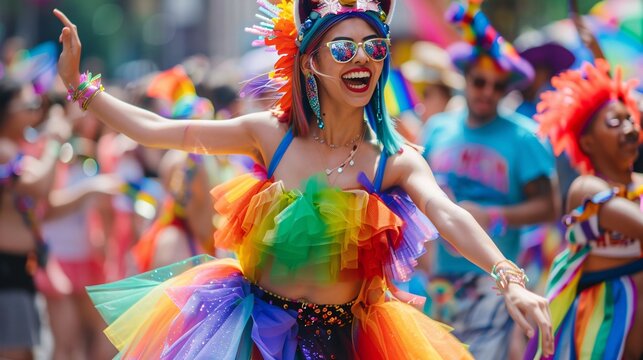 A photo of a person wearing a rainbow-colored tutu and a unicorn horn headband, dancing and twirling with joy at a Pride Parade.