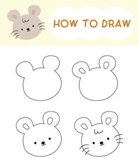 How to draw rat face cartoon step by step for learning, kid, education, coloring book. Vector illustration