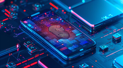 Digital illustration of a smartphone with fingerprint scanning technology on a cyber circuit board