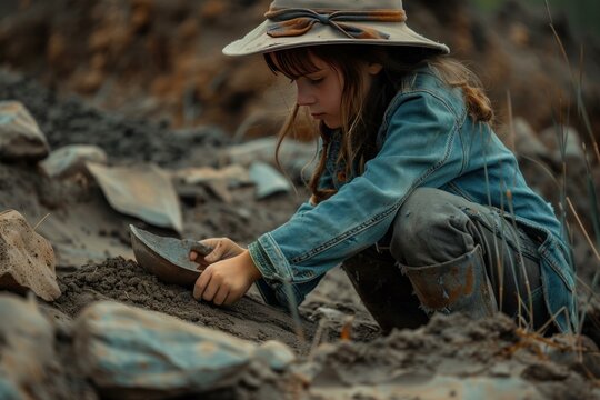 Focused child in a hat digs through soil, displaying curiosity and adventure