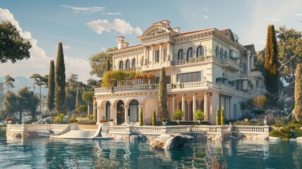 Naklejka premium Grand villa in a detailed 3D render combining realistic textures and elements (selective focus, luxury living, ethereal, Overlay, seaside retreat backdrop)