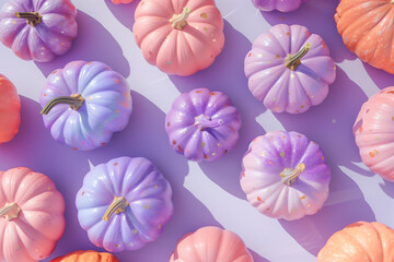 Minimalistic flat lay of purple and pink pumpkins on pastel lilac background with confetti and glitter for Halloween party decoration or design concept