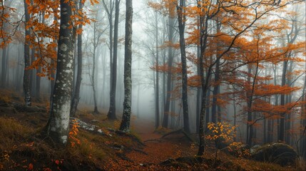 Autumn Forest Trail in Hazy Woodland Scenery