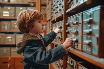 Young boy with auburn hair searches through an old wooden card catalog in a library setting