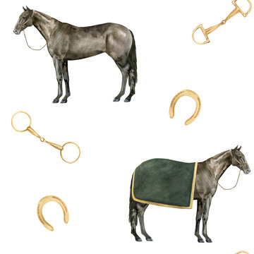Seamless pattern with watercolor illustration of horse, golden snaffle, bit and horseshoes. Equipment for horse riding set. Isolated. For cards, prints, decor