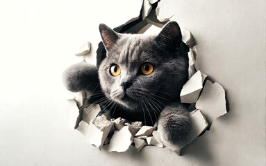 A Chartreux cat breaks through the white wall of a room