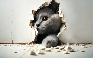 A Chartreux cat breaks through the white wall of a room