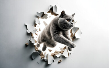 A Chartreux cat breaks through the white wall of a room