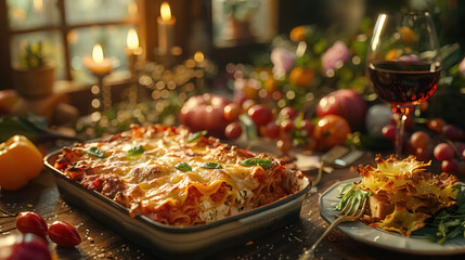 cozy home-cooked meal featuring lasagna and red wine