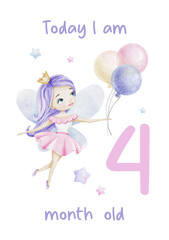 Baby Milestone Card of Cute little fairy with Air Balloons and stars. Baby's four month. Four months of baby girl. Monthly numbers cards. Newborn month postcard. Card for kids' photos.