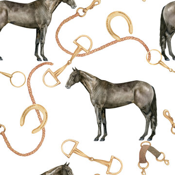 Seamless pattern with watercolor illustration of horse, rope,golden snaffle, bit and horseshoes. Equipment for horse riding set. Isolated. For cards, prints, decor