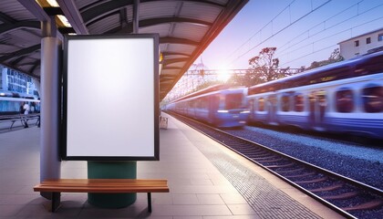 A modern urban train station with a bench and a billboard showcasing a mockup advertisement