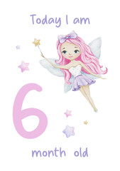 Baby Milestone Card of Cute little fairy and stars. Baby's six month. Six months of baby girl. Monthly numbers cards. Newborn month postcard. Card for kids' photos.