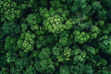 Drone shot overlooking a dense, vibrant forest canopy, creating a natural green texture