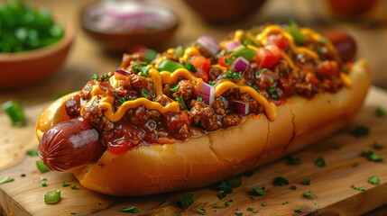 delicious gourmet loaded hot dog with colorful toppings on rustic wooden board