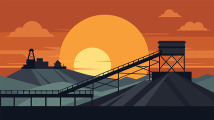 The sun setting behind the silhouette of a giant conveyor belt carrying lignite from the mining site to a nearby processing plant.. Vector illustration