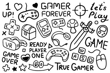 Video game illustrations set. Video game devices, icons, items black line art, outline illustrations and lettering sayings for gamers