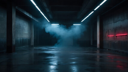 Abstract light in a dark concrete floor with smoke, Background of empty room, street, neon light, fog - Powered by Adobe