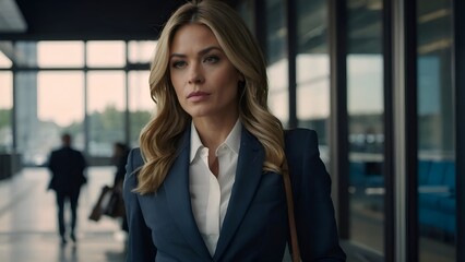 A serious London businesswoman is in her office - a picture with a cinematic effect