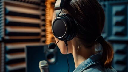 Close-up of a voiceover artist wearing headphones and warming up their voice in a soundproof booth