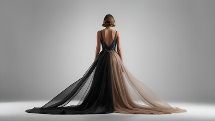 A young girl is standing in the center of an empty white room wearing a long and delicate brown dress that stretches along the floor of the room