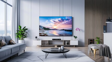 Sleek smart TV with an LED screen mounted on the wall of a modern living room