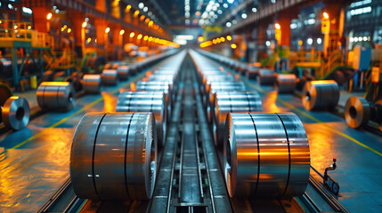 Fototapeta premium Industrial Factory Interior with Steel Rolls on Production Line, High Resolution Photography 