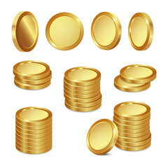 Set of realistic golden coins on white background. Stack of golden 3d coins. Vector illustration