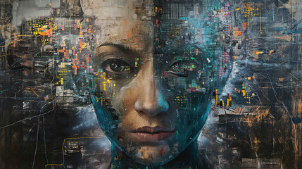 intricate neural interfaces between human and machine in a cyborg's cerebral cortex, depicting the exchange of data and signals in a visually captivating manner