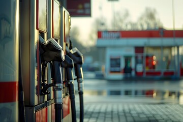 Fototapeta premium A view across petrol and diesel pumps at a gas station. Transportation power business technology concept.