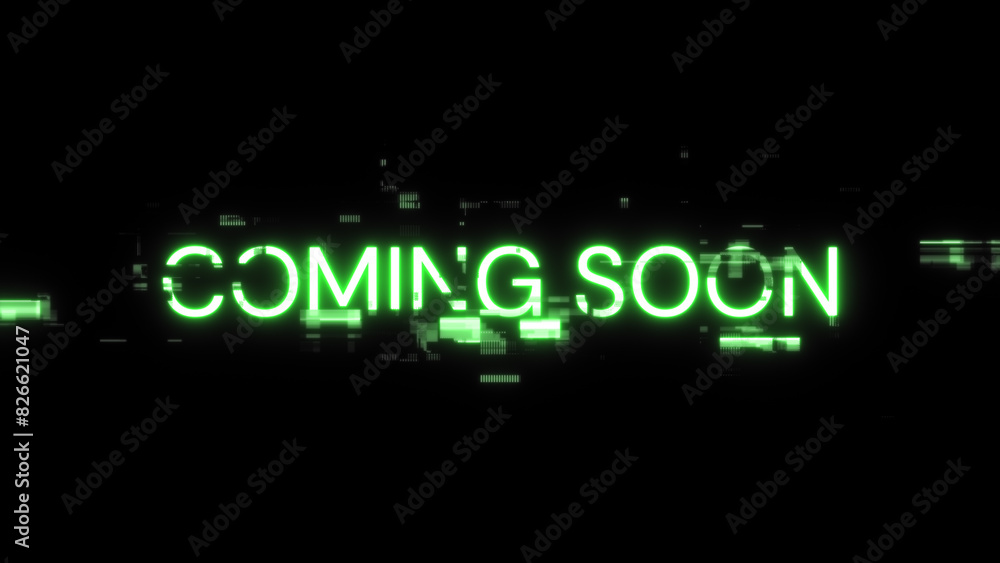 Aufkleber 3d rendering coming soon text with screen effects of technological glitches