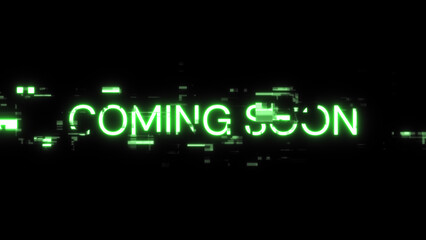 Obraz premium 3D rendering coming soon text with screen effects of technological glitches